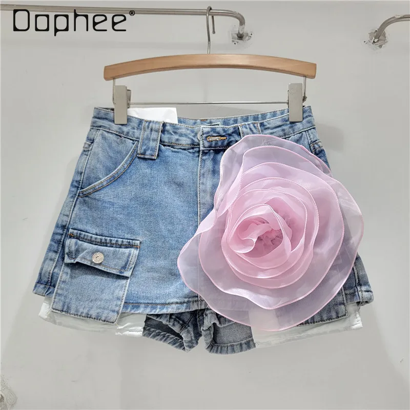 

Fashion High Waist Pockets 3D Floral Jean Skirt for Women 2024 Summer New Retro Washed A- Line Hip-Wrapped Short Denim Skirts