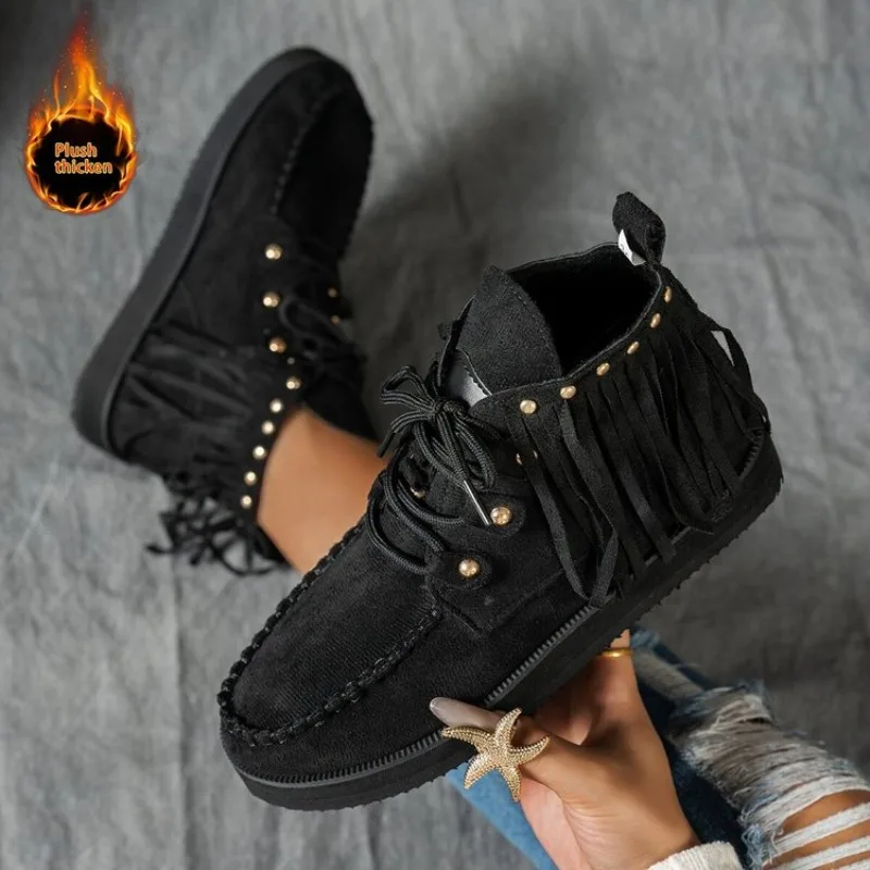 

Suede Tassel Western Cowboy Boots Women 2026 Autumn Pointed Toe Vintage Rivet Ankle Boots Woman Chunky High Heels Short Boties