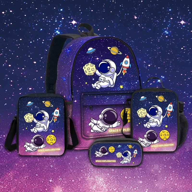 Space Planet Series Moon Rocket Backpacks Schoolbag Shoulder Bag Pencil Bags with Lunch bag BookBag for Boys and Girls Best Gift