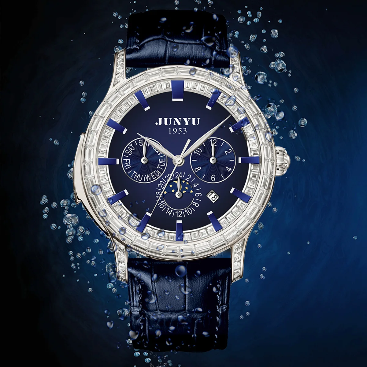 JUNYU Relógio masculino de luxo com diamante – Relógio de pulso masculino de negócios com pulseira de couro luminosa à prova d'água mecânico automático