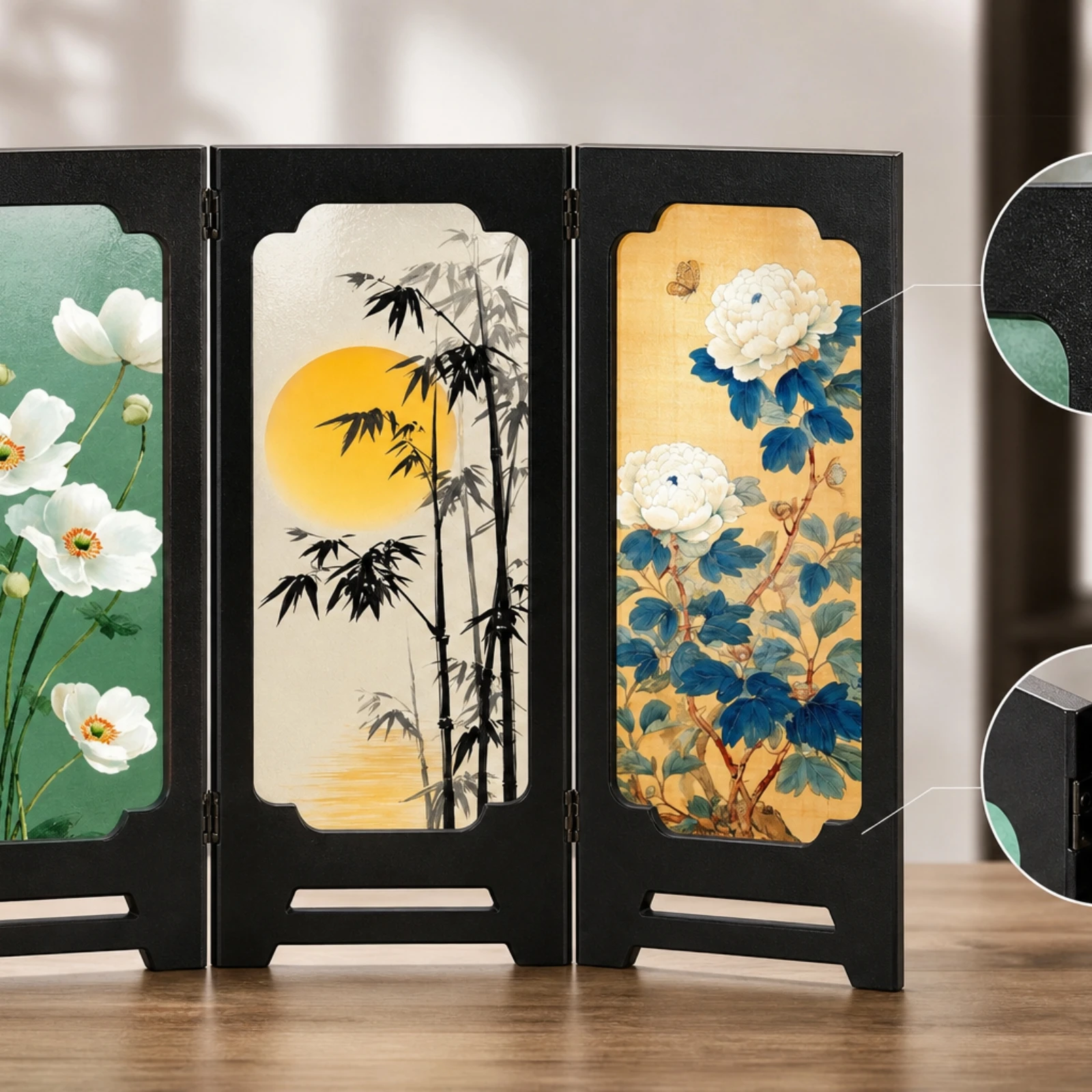 Tabletop Screen with Hinges Three-Panel Folding Screen Ornament Freestanding Hinged for Desk, Shelf