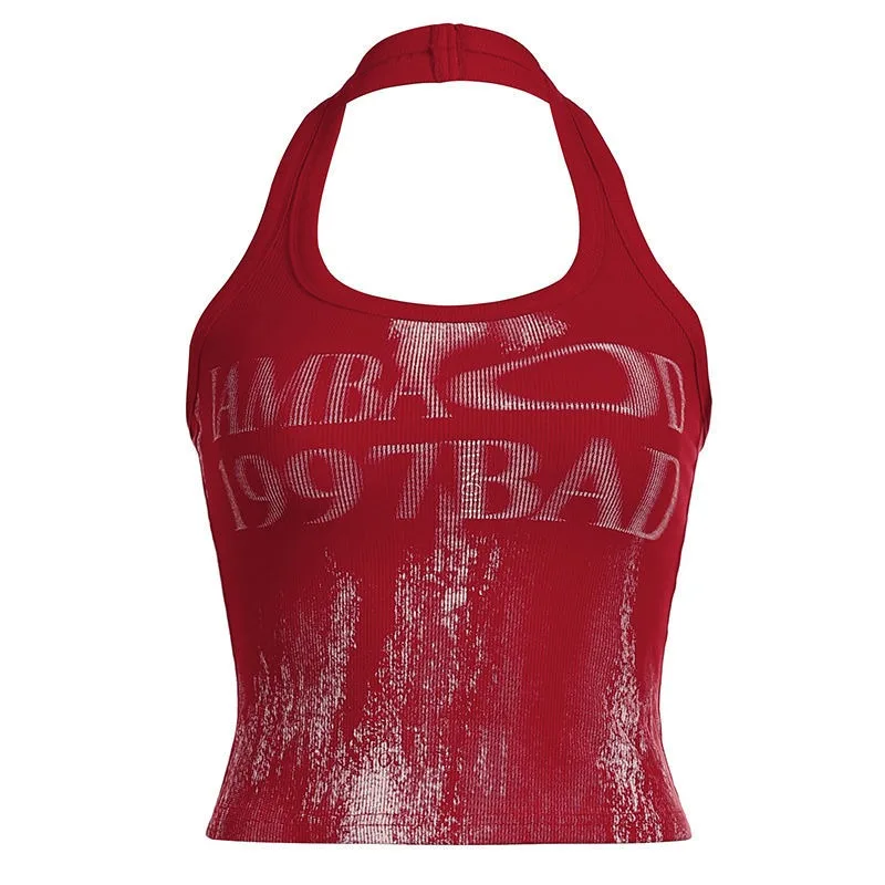 Women's Clothing Modern Retro Rendered Letter Printing Neck Vest Women's Backless Sexy Red Top Women's Summer Exquisite Casual