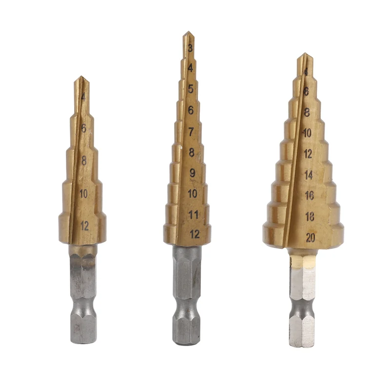AEE6-Step Drill Bit 3Pcs Hss Step Drill Bit Set Cone Hole Cutter Taper Metric Nitriding Hex Core Drill Bits