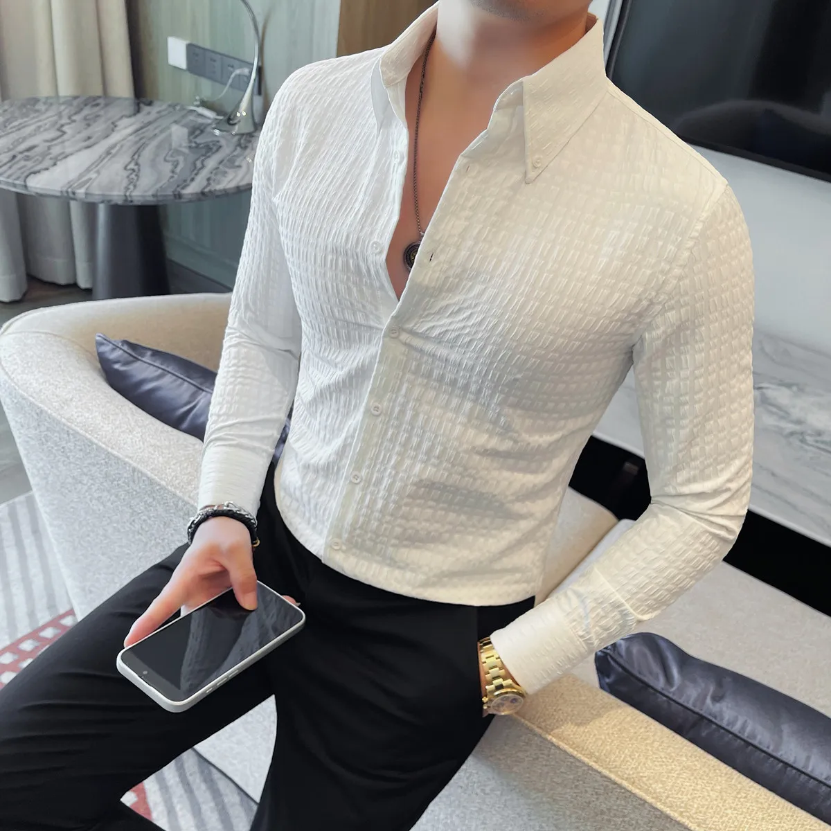 

Мужская социальная рубашка-платье Осень-зима Новые мужские повседневные рубашки с длинным рукавом Slim Fit Деловая официальная одежда Блузка Homme Плюс размер