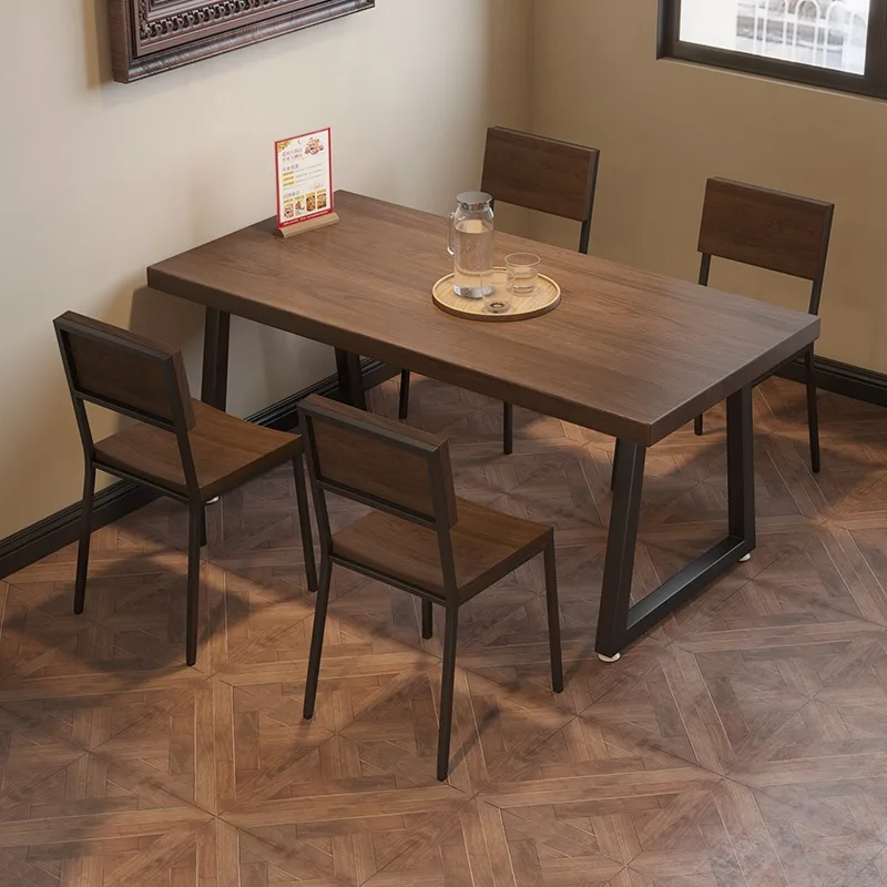 Retro solid wood dining table rectangular hotel canteen dining table commercial fast food restaurant noodle shop