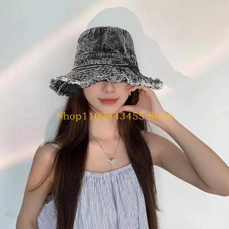 49MC Distressed Bucket Hat Multiple Color Fishing Hat Frayed Edge Bucket Hat Adult Summer Spring Sunproof Fisherman Hat