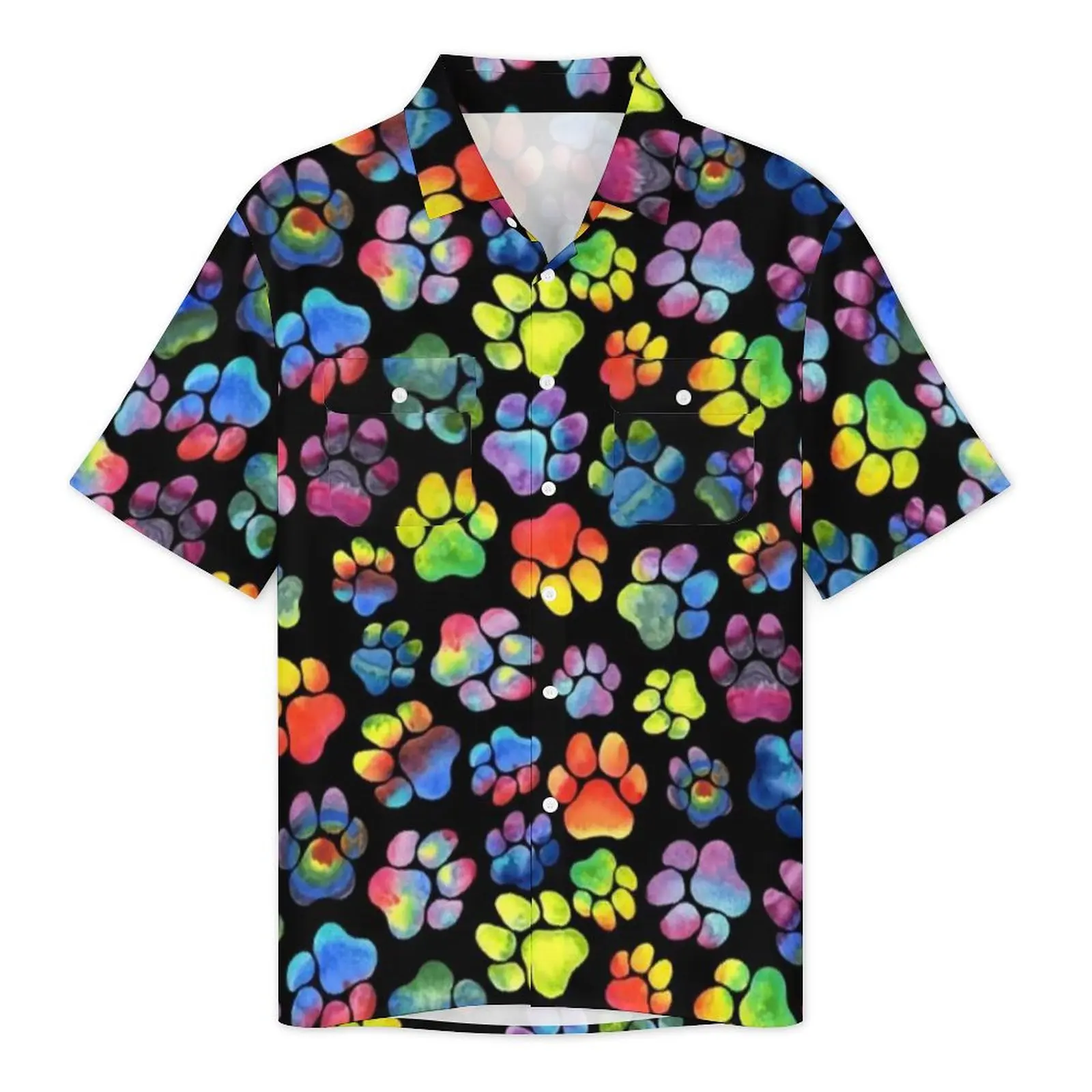 Kitty Dog Pow Vacation Shirt Rainbow Paw Prints Watercolor Hawaiian Casual Shirts Man Loose Blouses Short-Sleeve Fashion Tops