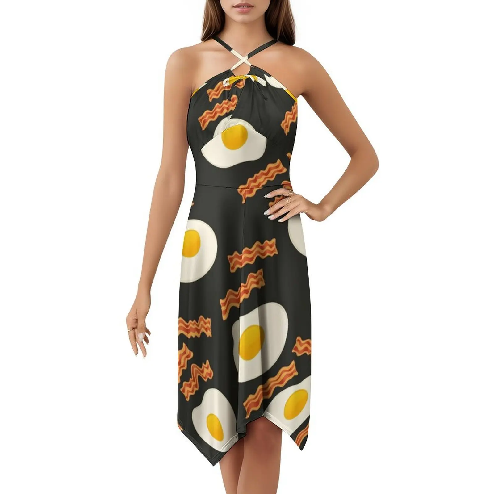 Ovo e beacon boêmio vestido sem mangas para mulheres impressão praia vestidos de festa bacon bacon e ovos porco bacon vestido para