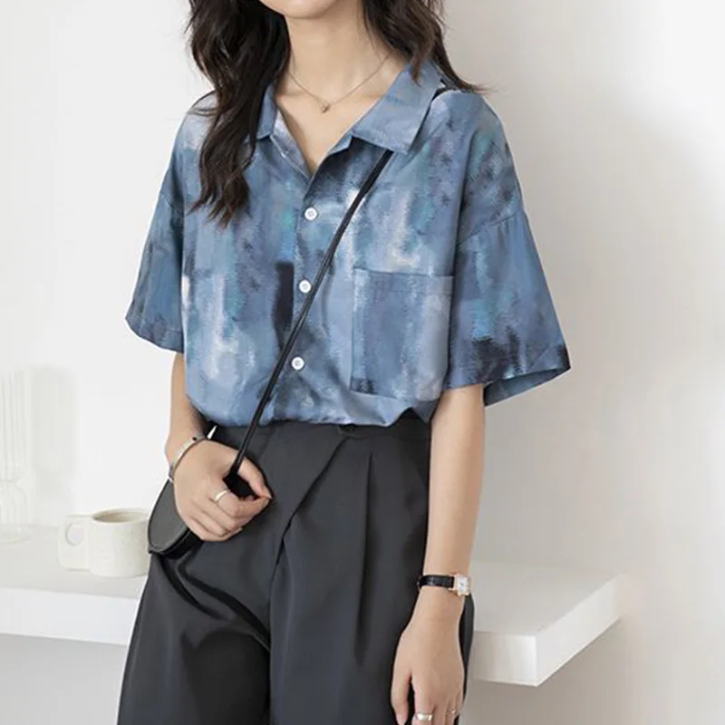 Summer Chic Thin Style Patchwork Pockets Shirt Retro Harbor Style Turn-down Collar Loose Tie Dye Single Breasted Women's Blouse