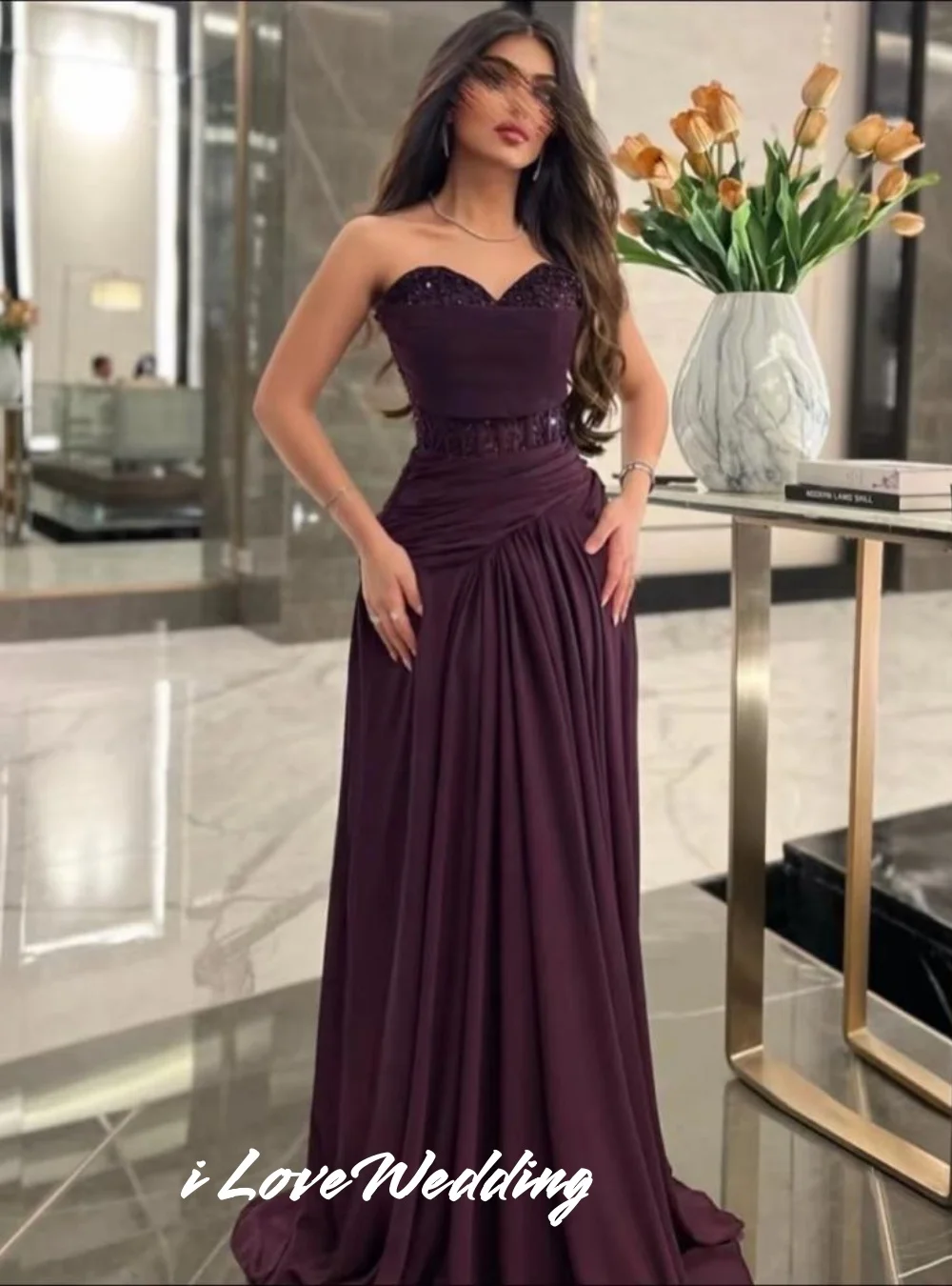

Purple Strapless Evening Dress 2025 Sweetheart Sleeveless Beaded Backless A-line Skirt Floor-Length Pleat Party Dress Customized