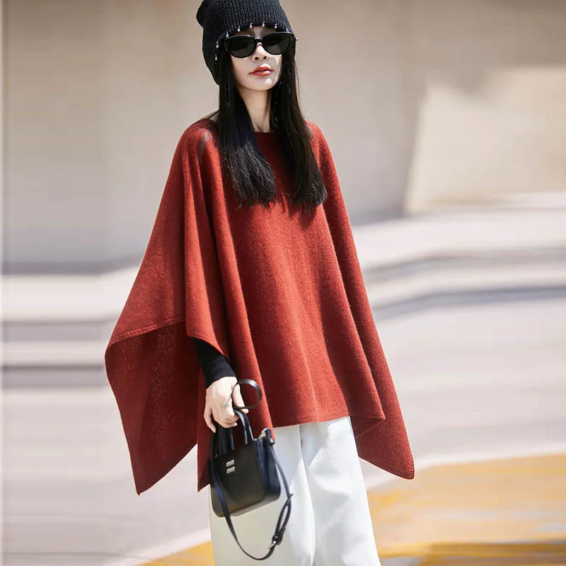 

Autumn And Winter Knitted Shawl 100% Pure Wool Cloak Women's Loose Sweater Coat Plus Size Coat