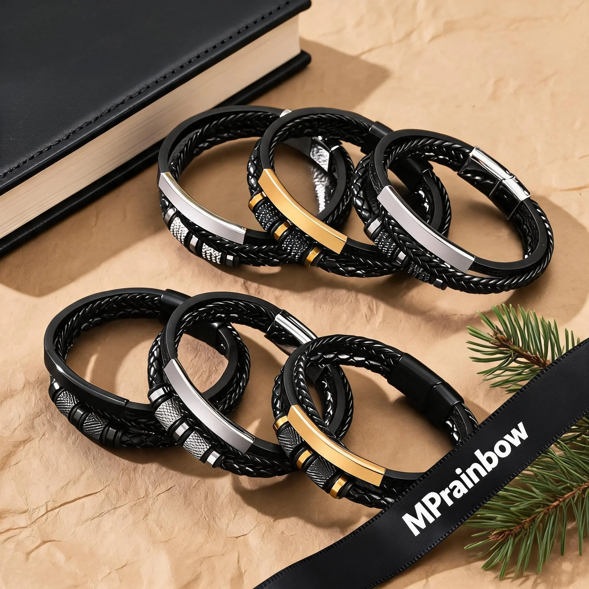 Personalized Classic Men's Braided Leather Bracelet,Handmade Multi-layer Woven Pu Leather Wristband,Stainless Steel Jewelry Gift
