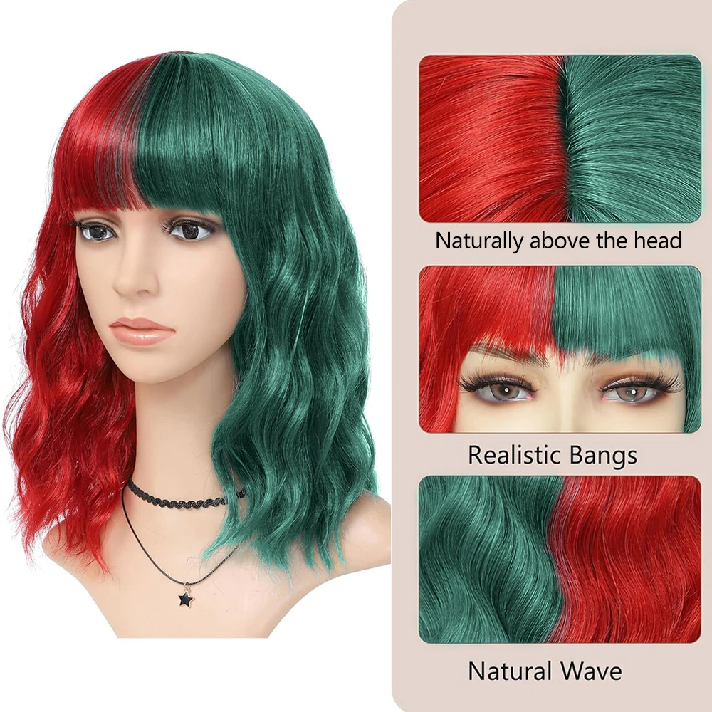 Half Red and Half Green Wig with Bangs for Women, Short Wavy Curly Bob Wig Synthetic Colored Wig Party Cosplay Christmas Wigs