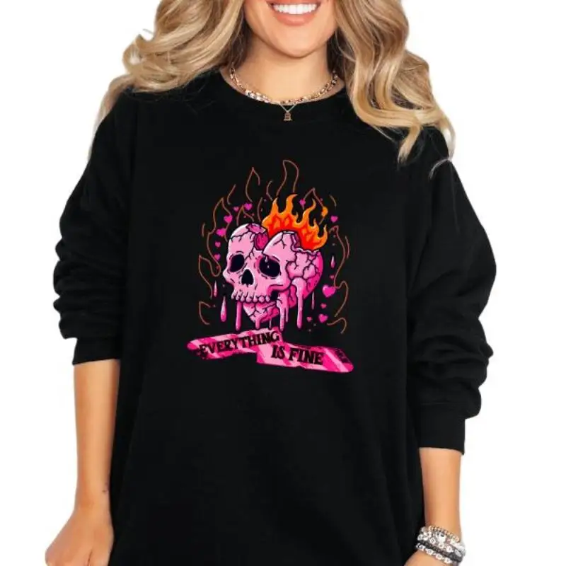 

Burning Broken Heart Skull Sweatshirt Everything Is Fine Sarcastic Graphic Pullover Y2K Streetwear Jumper