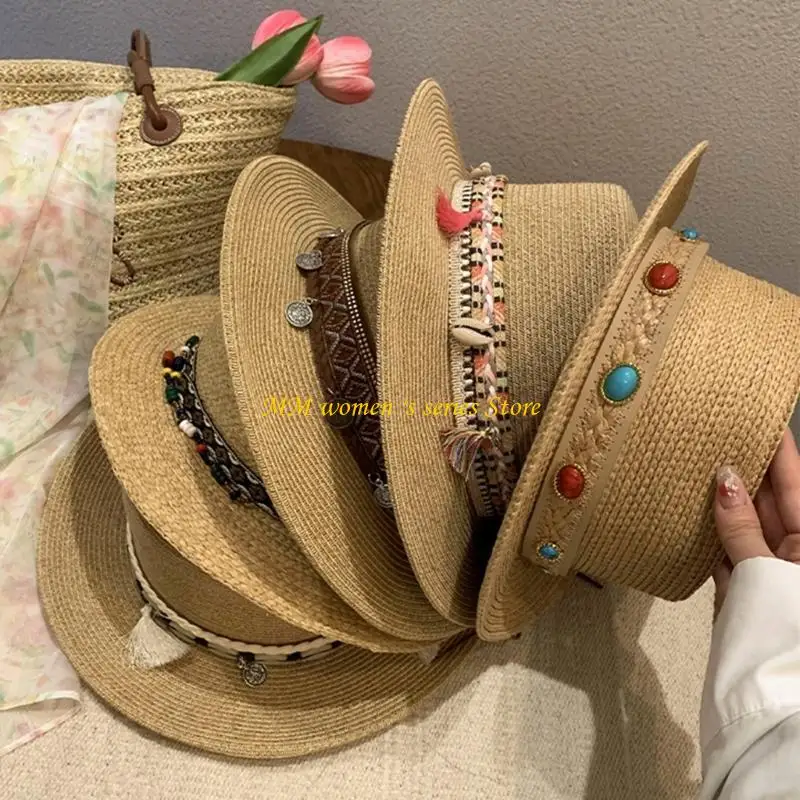Q39C Shell Decors Beach Hat for Girl Weaving Bucket Hat Crochet Fisherman Hat