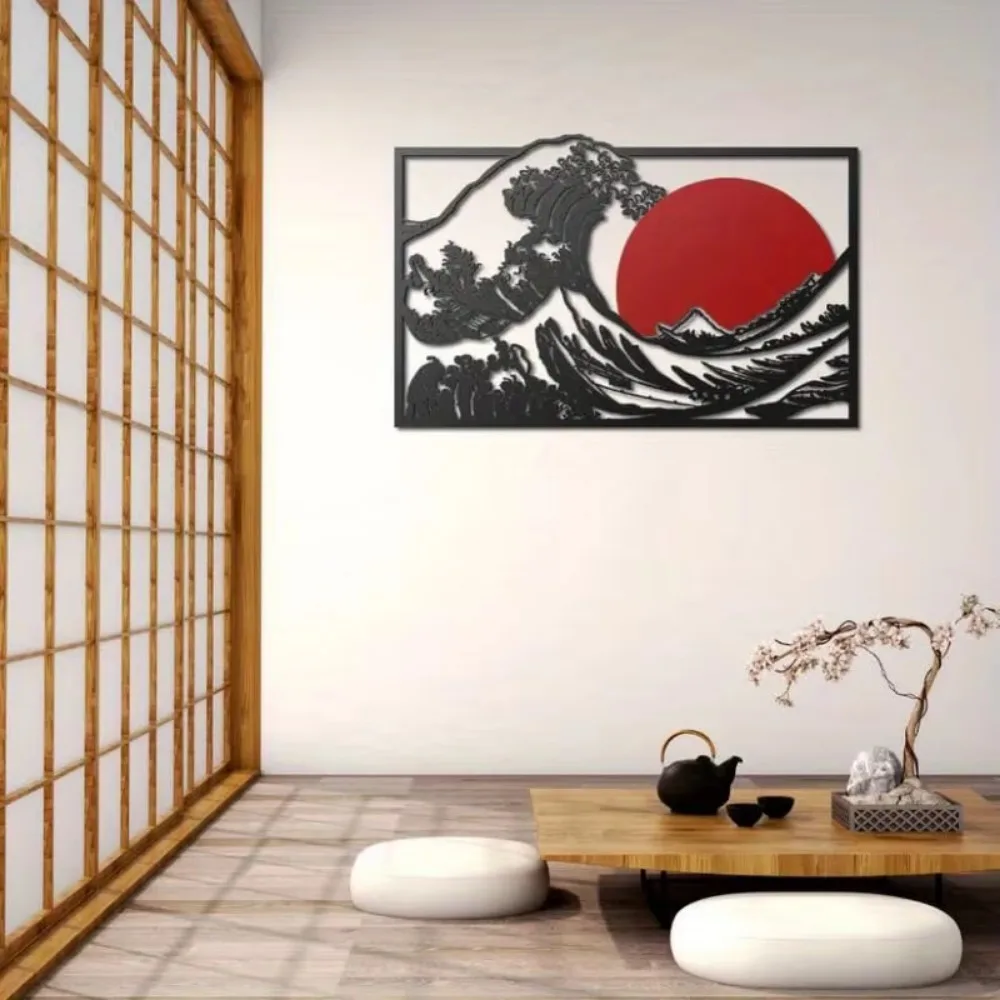 CIFBUY Great Wave Metal Wall Art Iron Japanese Ukiyo-e Sculpture Rustproof Outdoor Home Garden Patio Decor Gift Ornament