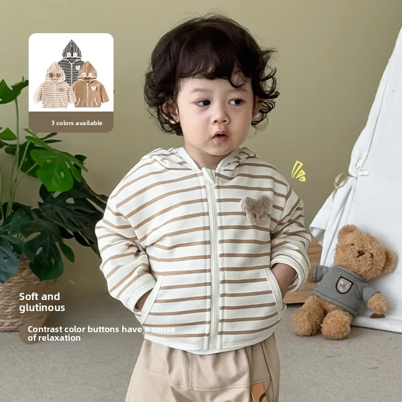 

Children's Striped Jacket 2025 New Autumn Boys' Fashion Korean Version Hooded Top Baby Super Cute Cartoon Autumn Outfit