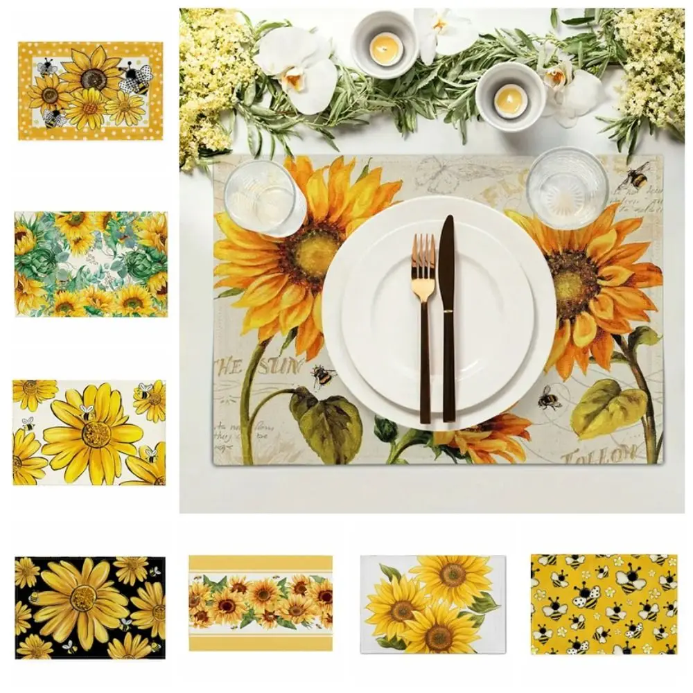 Cup Pad Anti Slip Sunflower Linen Placemat Heat Resistant Oil Proof Table Mat Rustic Tableware Pad Kitchen