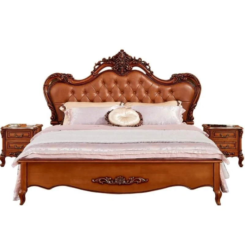 wood double leather master bedroom princess bed American rural wedding bed with soft rest and storage carving design