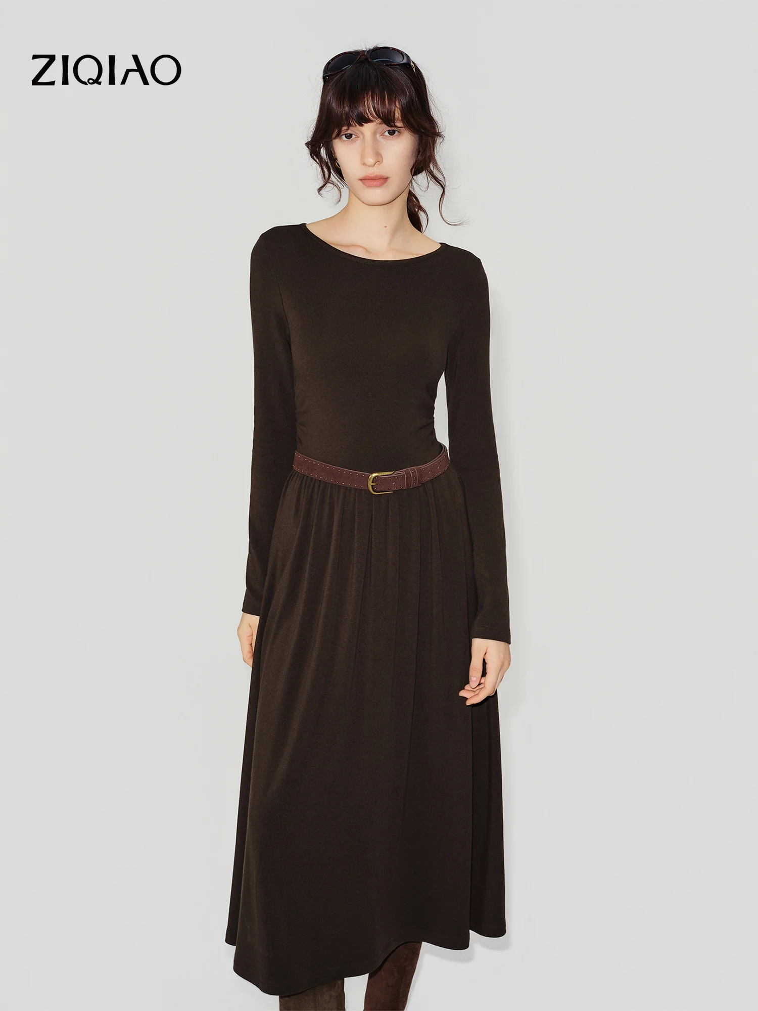 ZIQIAO 2026 Winter Women's Boatneck Structured Shoulder Shirred Waist-Defining Midi Soft Knit Dress - Chic for Daily Wear