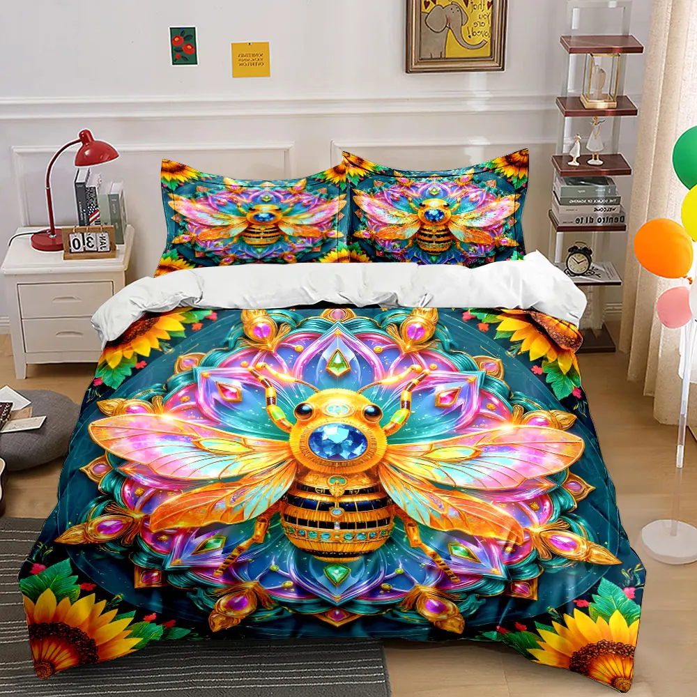 Ornate Gem-Studded Bee Art Printed Duvet Cover Set1 Duvet Cover+2 PillowcaseMulti Size Bedroom Bedding Decor Luxury gifts