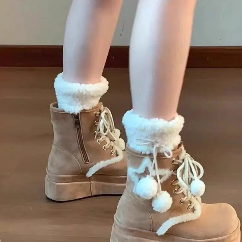 2024 NEW Snow Boots Women Winter Shoes Thick-Soled Mid-Calf Boots For Women British Retro Platform Boots Thick Furry Shoes 40