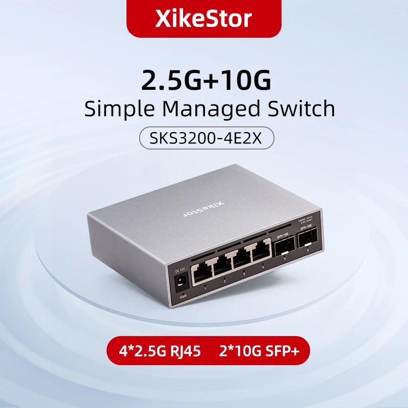 

XikeStor 6 Ports Simple Managed Switch 4-Port 2.5G RJ45 2-Port 10G SFP+Ethernet Switch Fanless Plug and Play