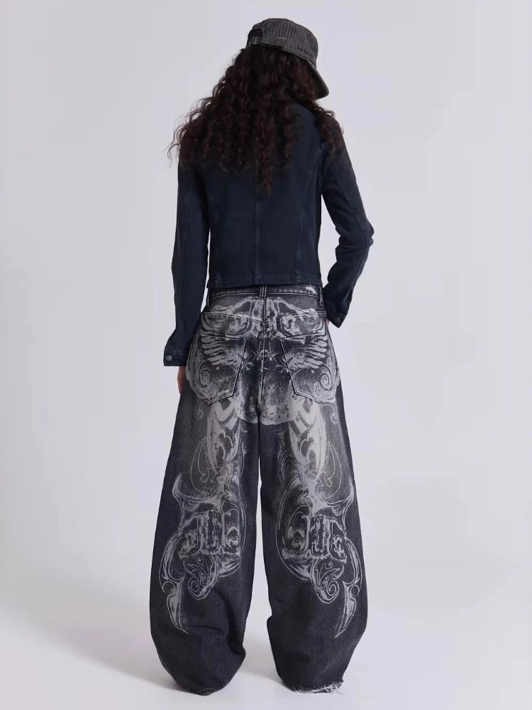 Celana Jeans Wanita dan Pria Gaya HOUZHOU Y2k Gothic Vintage, Grafis, Robek, Grunge, Dicuci, Kaki Lebar, Gaya Amerika, Denim, Baggy, High Street