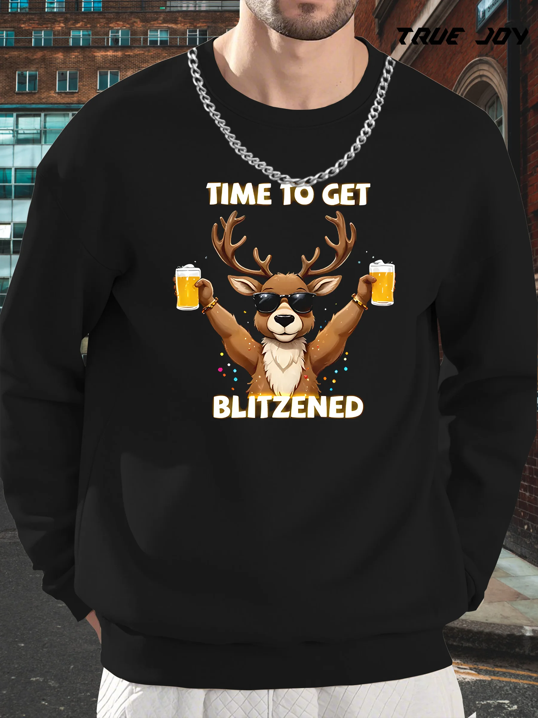 

Men'S Green Sweatshirt with "Time to Get Blitzed" Deer Graphic - Casual Long Sleeve Crewneck, Loose Fit