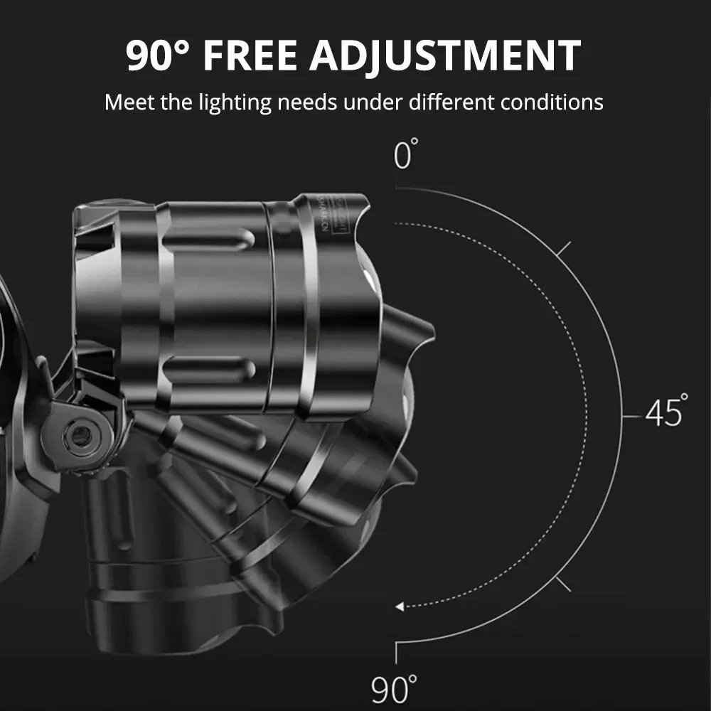 USB 충전식 LED 헤드램프, 줌 가능 헤드라이트, 장거리 야외 낚시 헤드 손전등, 18650 출력 캠핑 조명, XHP90