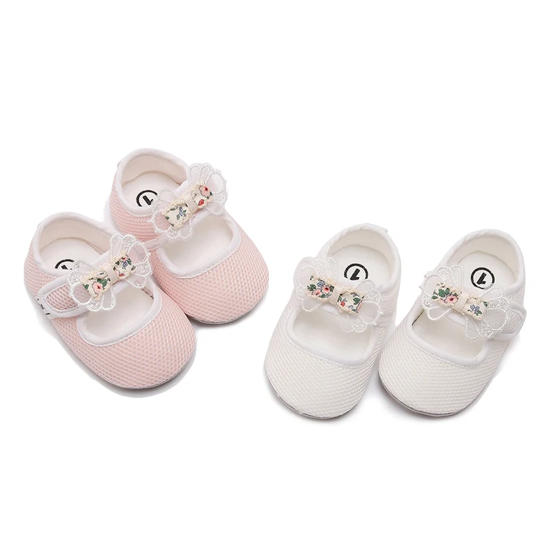 0–18 Monate Baby-Mädchen, Mary Jane-Flats, niedliche Blumenschleife, Prinzessinnen-Kleiderschuhe, rutschfeste Mesh-Kinderbettschuhe