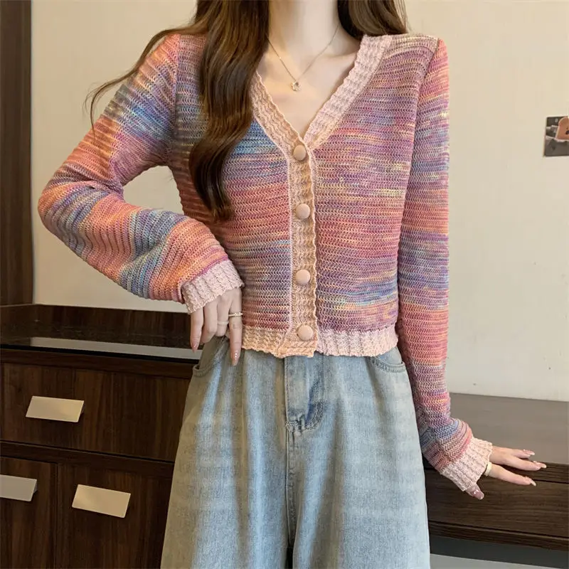 2024 New Woman's Clothing Colorful Striped V-neck Cardigan Well-designed Tie Dye Youth Lively Dream Trend Fashion Comfortable