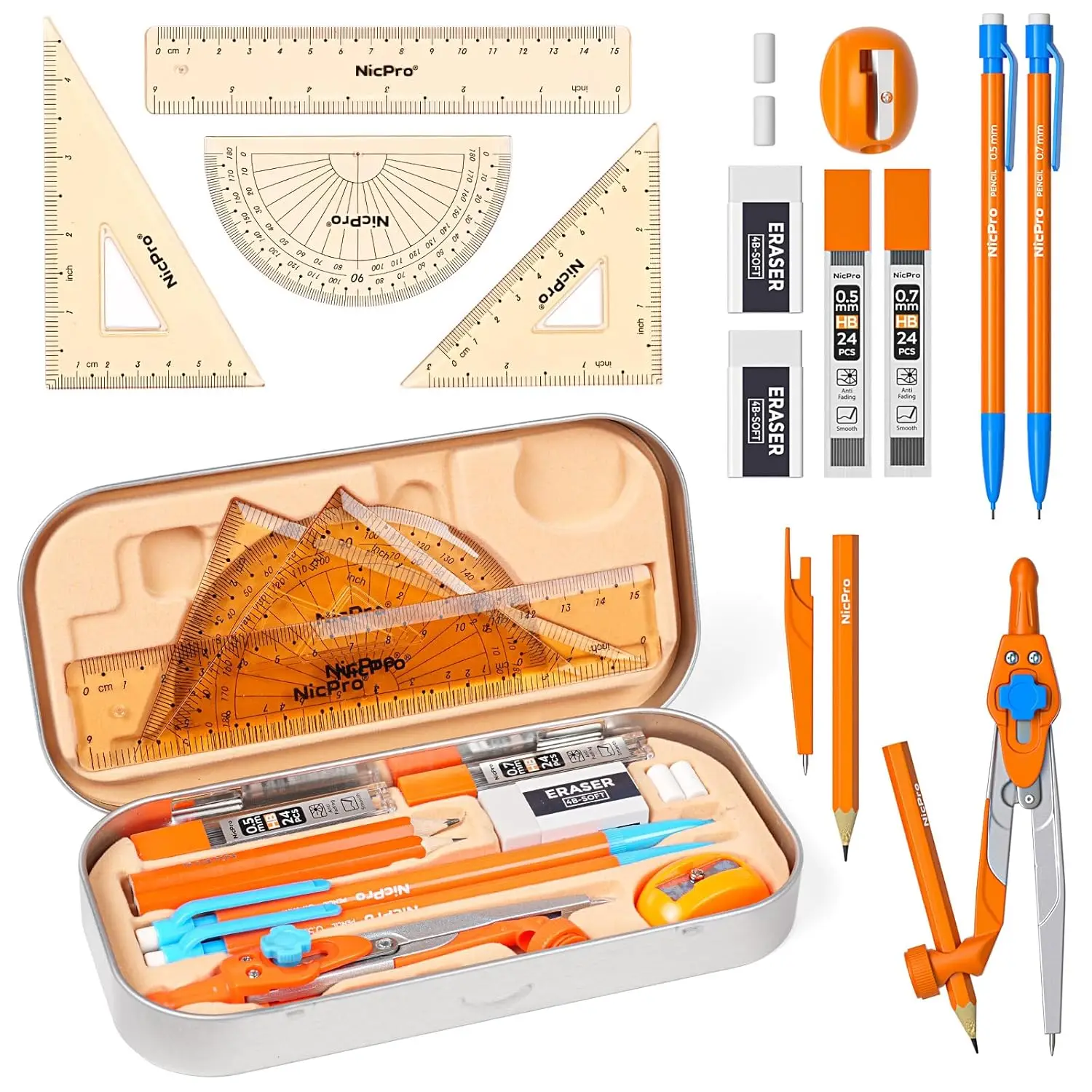 

17 PCS Geometry Set for Students, Compass, Ruler, Protractor, Mechanical Pencils, Back to School Supplies
