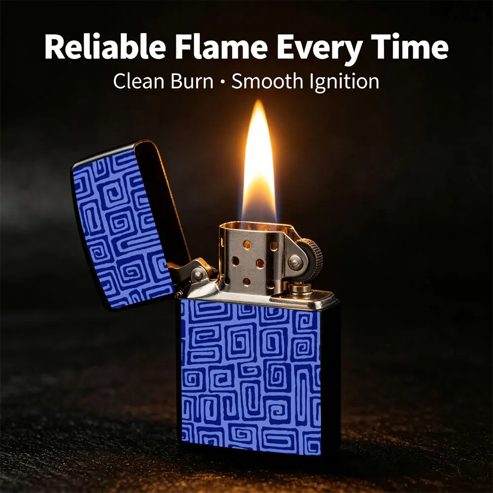 Pocket Lighter - Flip Top Windproof Design with Blue and Black Abstract Geometric Pattern of Squares and Rectangles, Portable Compact Size, Comfortable Grip, Durable for Outdoor Camping and Daily Use