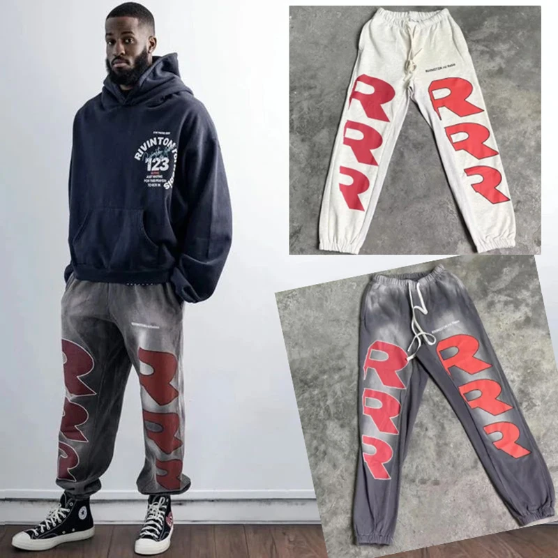 

All Seasons High Quality Cotton Classic Red Letter Logo Print RRR123 Sweatpants Men Women Jogger Drawstring Vintage Washed Pants