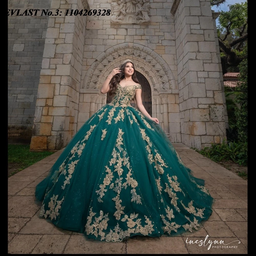 Evlast personalizado glitter verde escuro quinceanera vestido de baile ouro renda applique miçangas doce 16 vestido de 15 anos e3q277