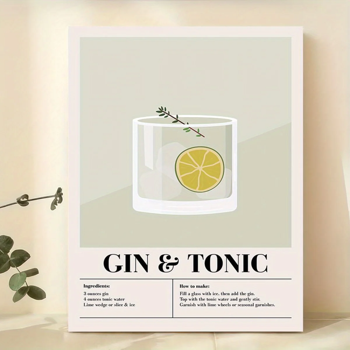 Gin & Tonic Cocktail Canvas Art Print Poster with Lime & Rosemary - Frameless Modern Retro Art Deco Wall Decor for Living Roo