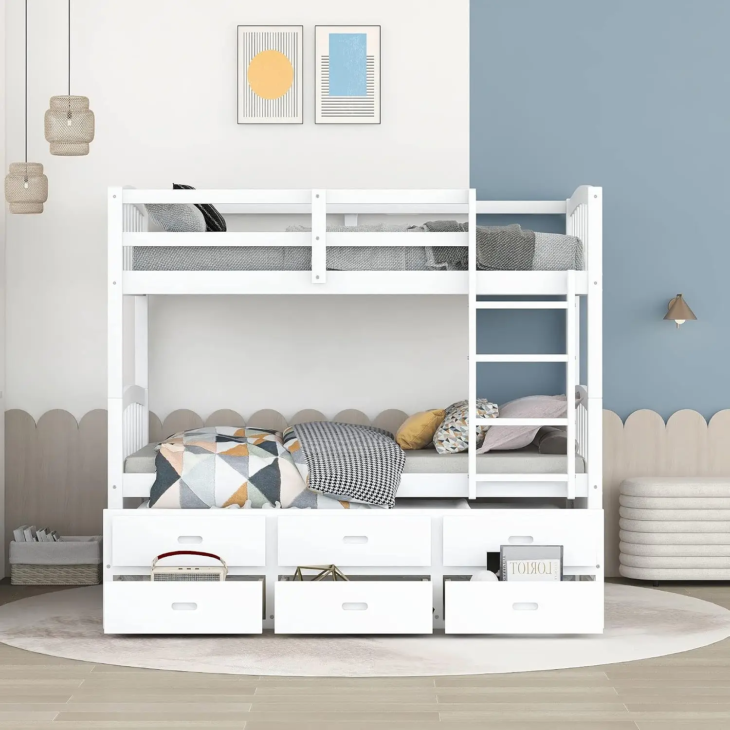 Twin Over Twin Bunk Bed with Trundle & 3 Drawers, Safety Rail, Removable Ladder, Separable into 3 Beds, White, Customized image 4