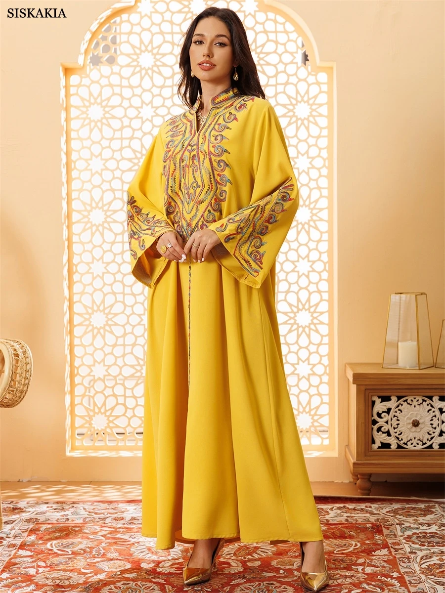 Siskakia ramadan bordado elegante solto abaya para mulheres muçulmanas sólido maxi vestido kaftan vestidos das mulheres dubai