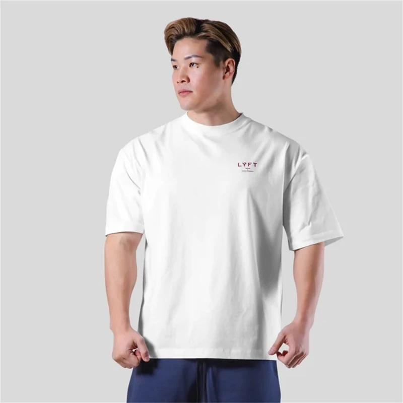 LYFT 210G 100% Cotton Fashion Fitness Sports Short Sleeve Men's Loose T-shirt Summer Workout Casual O-neck Running Tees Tops