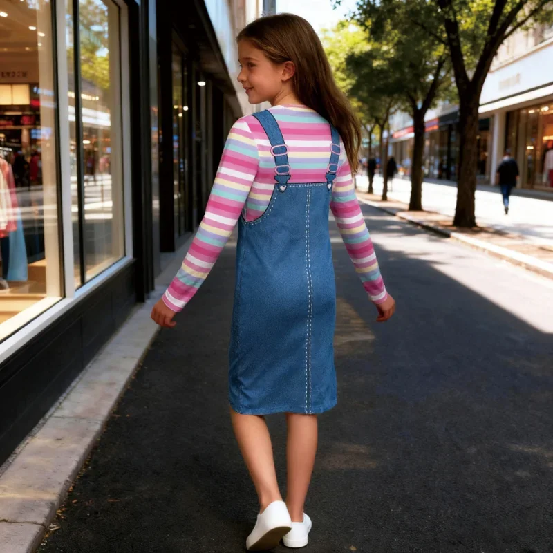2025 Trendy New Products, Girls' Fake Two-piece Imitation Denim Rainbow Stripe Long-sleeved Unicorn Print, Cute Casual Dress