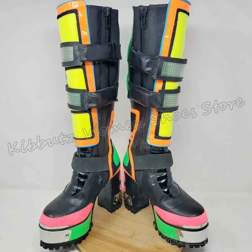 Knee High Boots Platform Belt Buckle Leather Mixed Color Fashion Luxury Elegant Comfortable Sexy Novelty Spicy Girls Shoes New - view 6