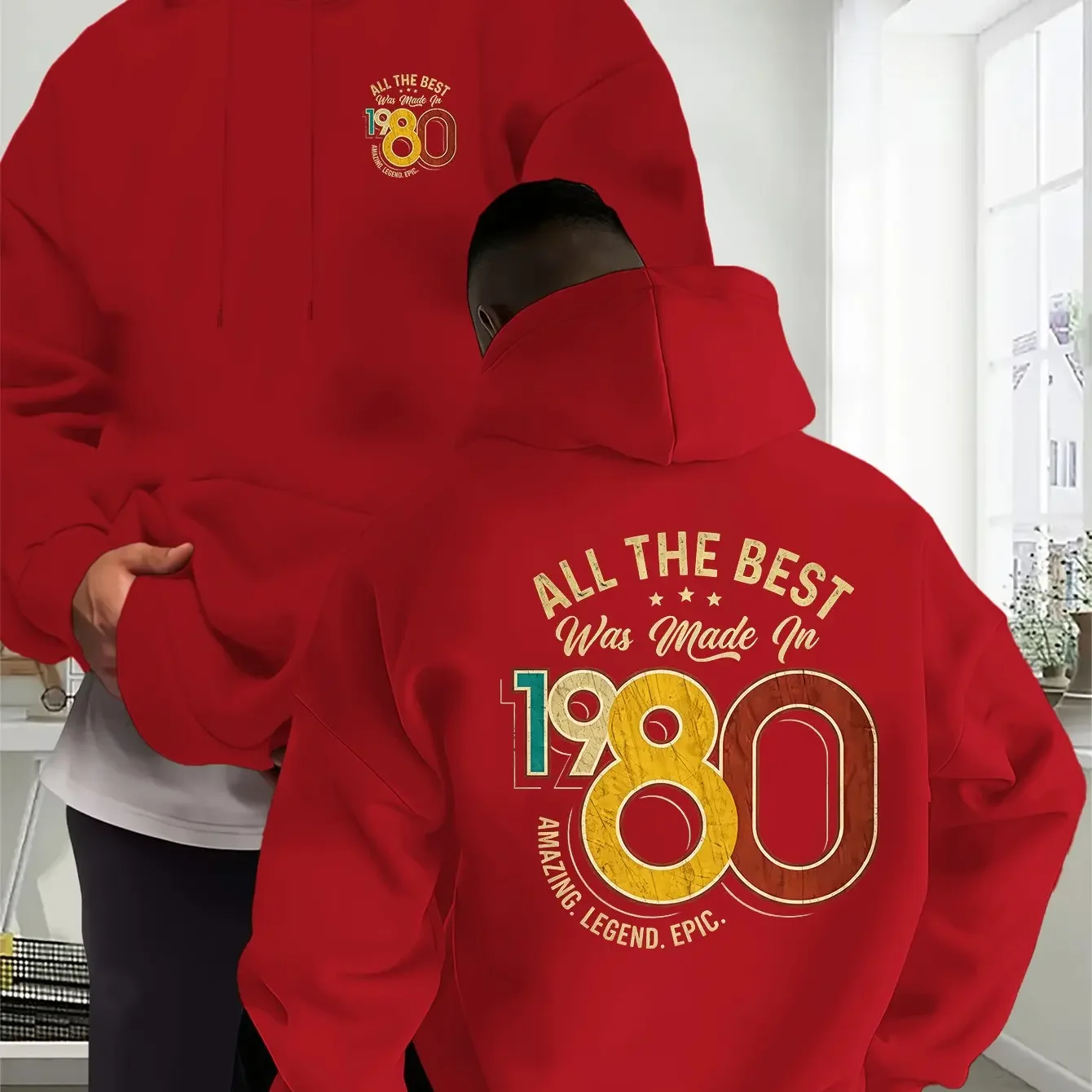 Men'S Double-Sided Print Design Hooded Sweatshirt ALL THE BEST 1980 Golden Letter Creative Pattern Casual Sweatshirt