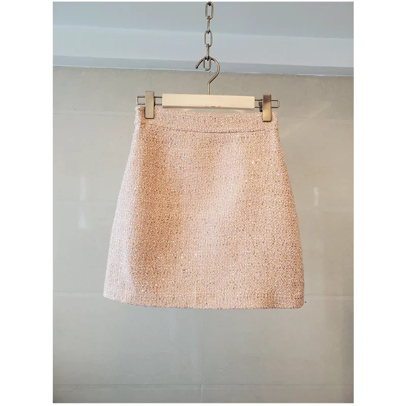 Setelan jas wanita pita manis wangi kecil musim gugur musim dingin mantel lengan panjang berpayet + rok Fashion wanita kantor Tweed Set dua potong