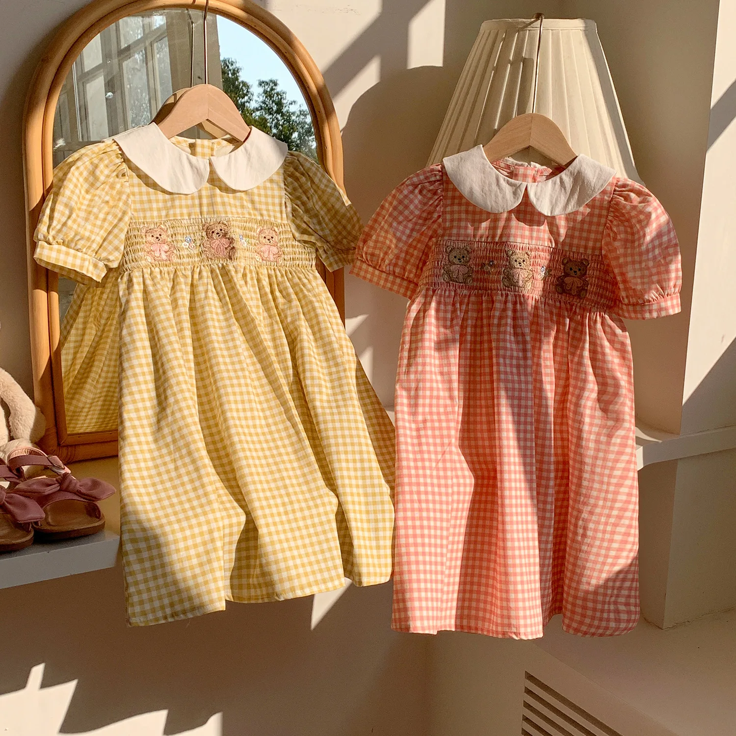 

Girl'S Dress 2025 Summer Costume For Children'S Casual Dress Bubble Short Sleeve Plaid Print Bear Embroidery Kids Clothing Dress