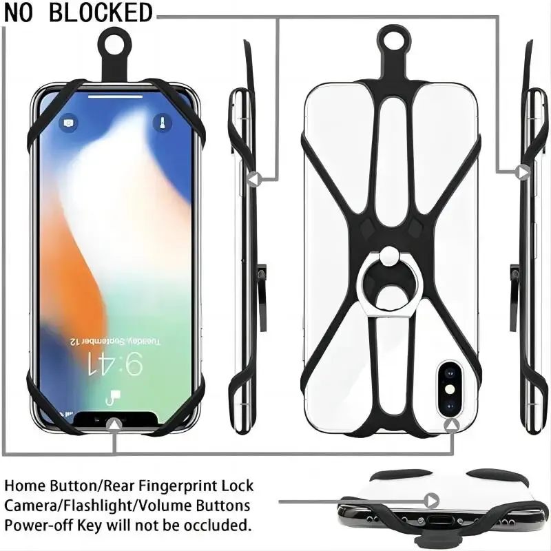 Versal Frame Shaped Silicone Phone Case With Lanyard, Stretchable Silicone Phone Case Wrist Strap Ring Buckle