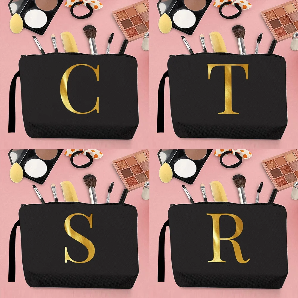 Women's Cosmetic Bag Initial Name Pattern Printing Personality Portable Storage Travel Canvas Strap Black Change Clutch