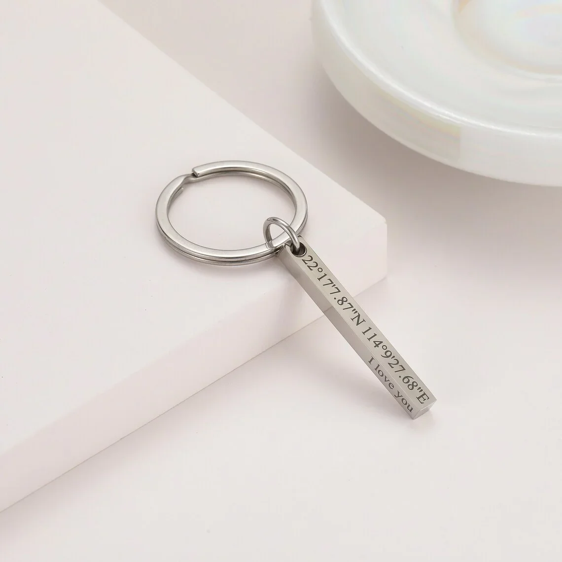 Personalized Engraved Bar Keychain Stainless Steel Four Side Coordinates Keyring Custom 3D Bar Key Chains Women Men Gift view 4