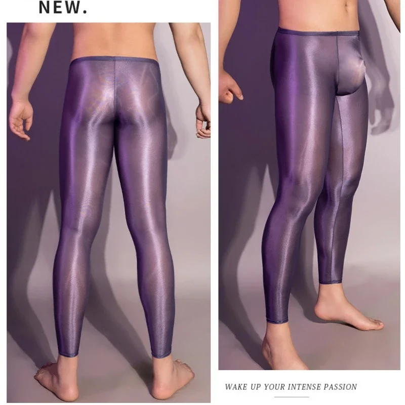Pantaloni a matita attillati lucidi a olio elastico da uomo sexy che modellano legging ultra sottile vedere attraverso la biancheria pigiama pantaloni esotici traspiranti