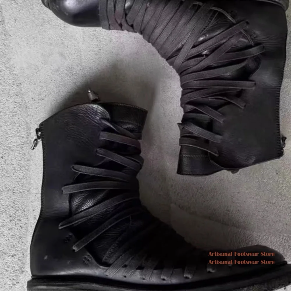 Gothic Multi-Strap Black Leather Mid-Calf Boots﻿ for Men Round Toe Thick Soled Casual Booties Trendy Handmade Men's Boots